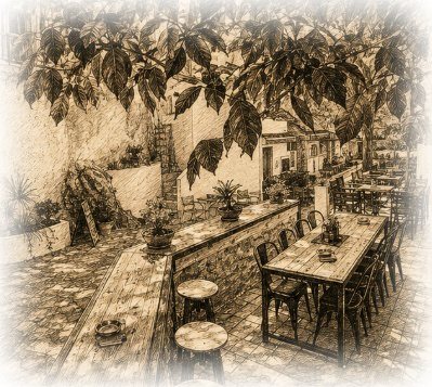 Sepia sketch of the Platanos terrace