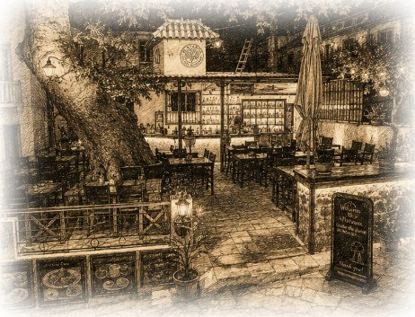 Evening sketch of the Platanos courtyard in Spili